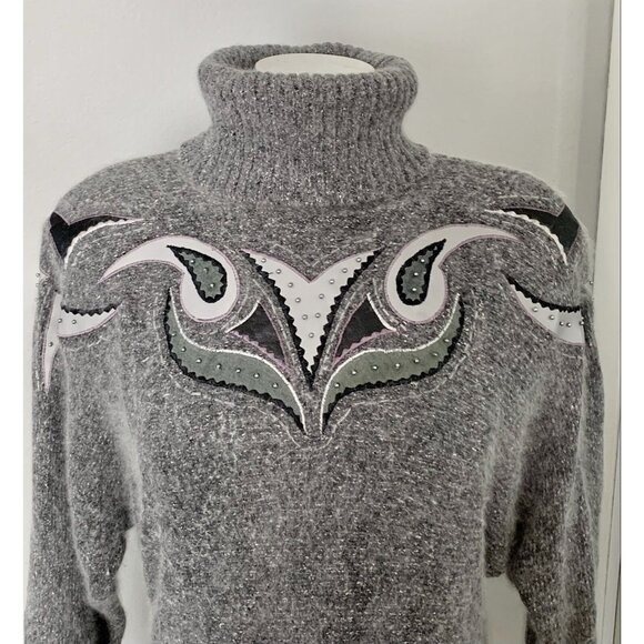 Vintage Turtleneck Sweater Silk Angora Lambswool M Gray Embroidered Beaded - Picture 9 of 10